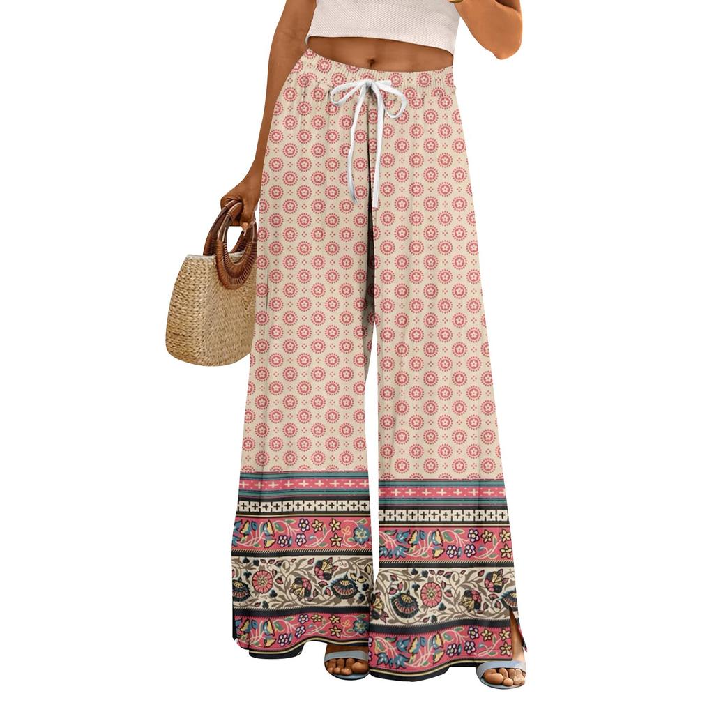 Женские летние брюки-палаццо в стиле бохо с высокой талией, широкие повседневные брюки с цветочным принтом и карманами