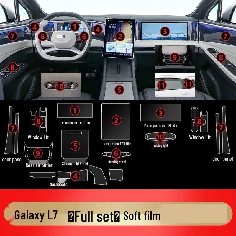 Защита интерьера Geely Galaxy L7: HD Пленка для Навигации, Панели Приборов и Рычага Переключения Передач.