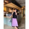Summer new loose and versatile black sleeveless vest women's pleated A-shaped pendulum skirt two-piece set