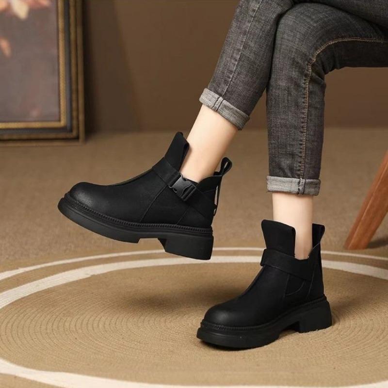 Мода 2024 Осень/Зима Новый Стиль Женские Короткие Сапоги Флисовая Подкладка Теплая Мягкая Кожа Универсальные Модные Женские Туфли Пряжка