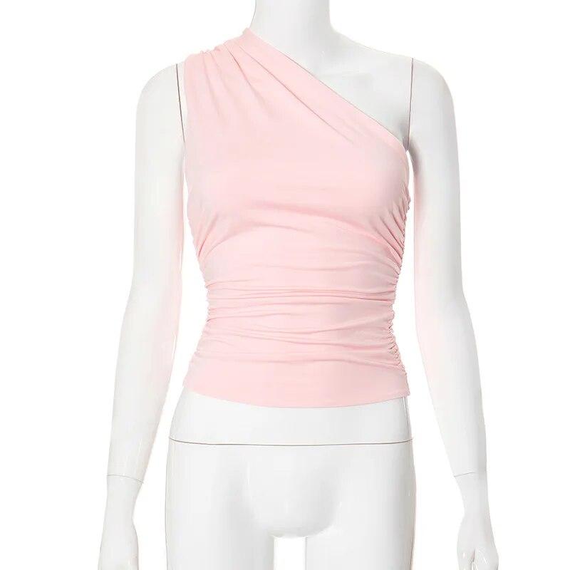 Sleeveless Diagonal Shoulder Women Vest Tops 2024 Backless Casual T-shirt Woman Solid Color Slim Fit Simple Tee Shirt 30618