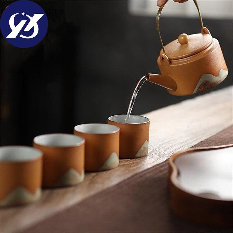 Hand Painted Mountain Ceramic Teacups Coarse Pottery C Nese Kung Fu Tea Set Handmade Teaware