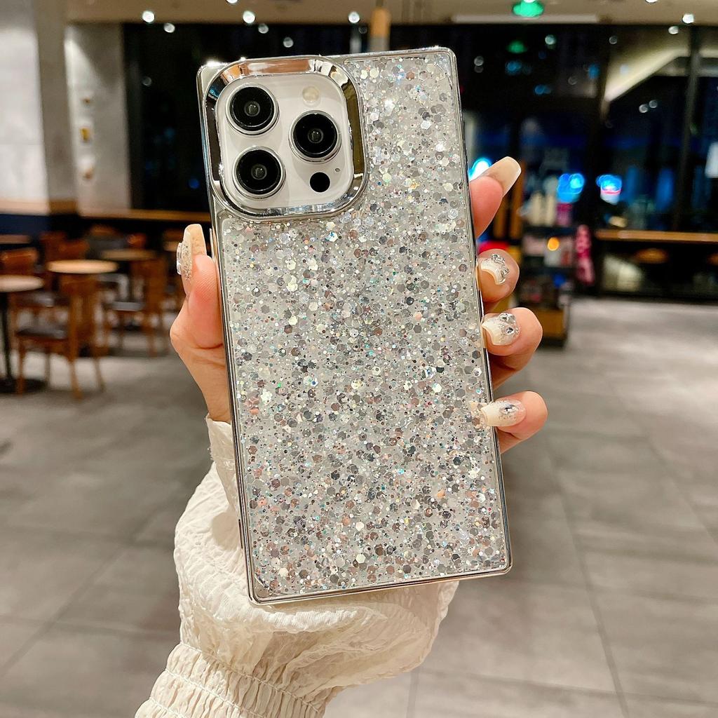 Электроplated квадратный блестящий чехол для iPhone16Promax с эпоксидными блестками для Apple 14Pro защитный чехол