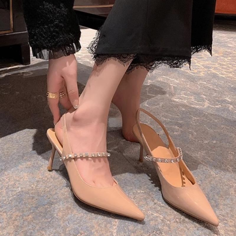 Туфли женские с открытой пяткой женские туфли на высоком каблуке модные туфли-лодочки женские с острым носком и кристаллами неглубокие тонкие каблуки женские босоножки