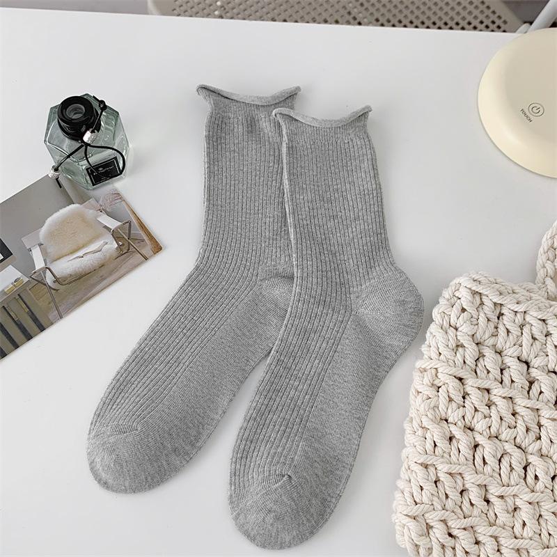 Закатанные носки-гольфы для женщин, весенне-осенние однотонные хлопковые носки до середины икры, бежевые простые и универсальные длинные носки, летние