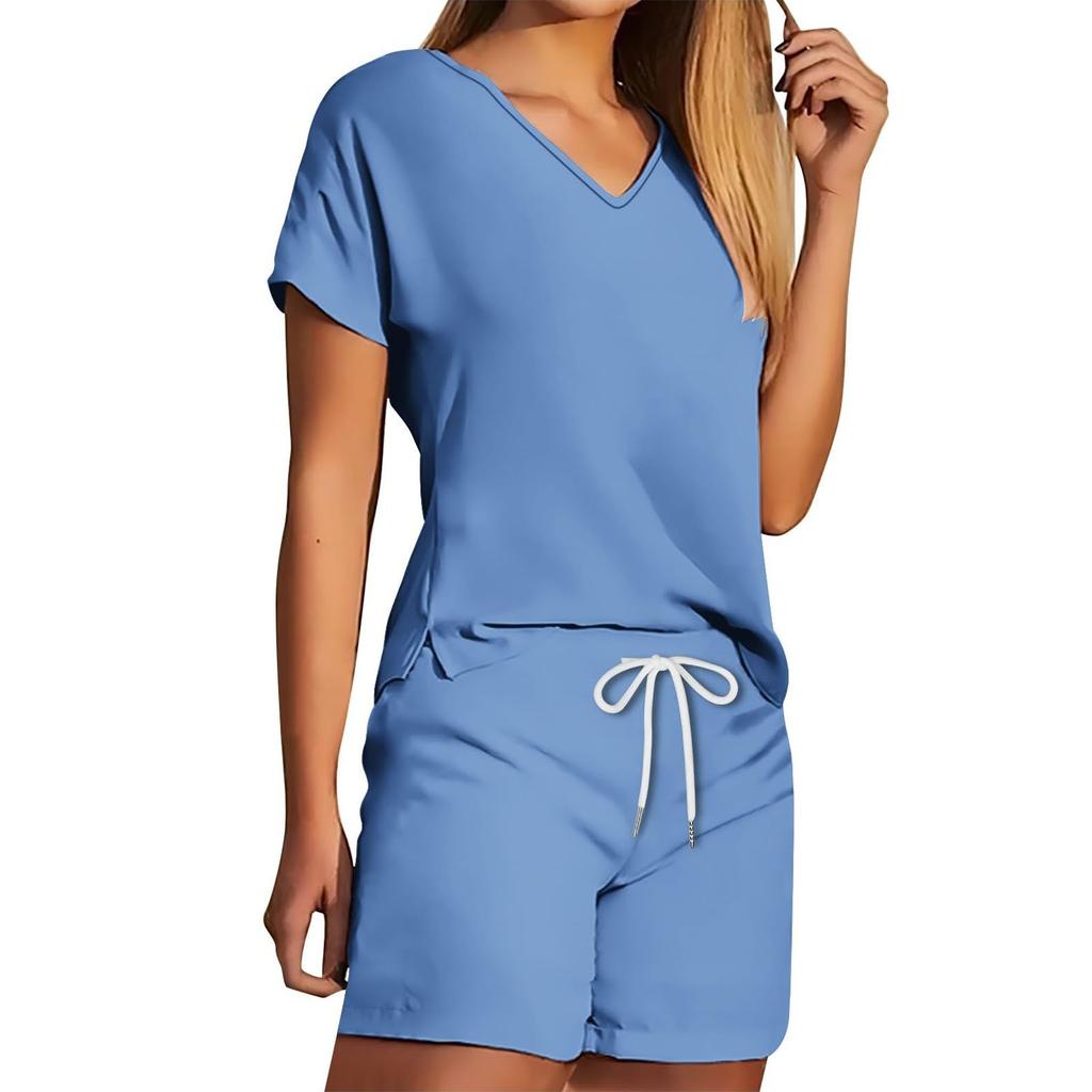 Женские комплекты футболок, футболок и шорт, повседневные комплекты с v-образным вырезом, стандартный крой, элегантные повседневные комплекты 2024, однотонные комплекты