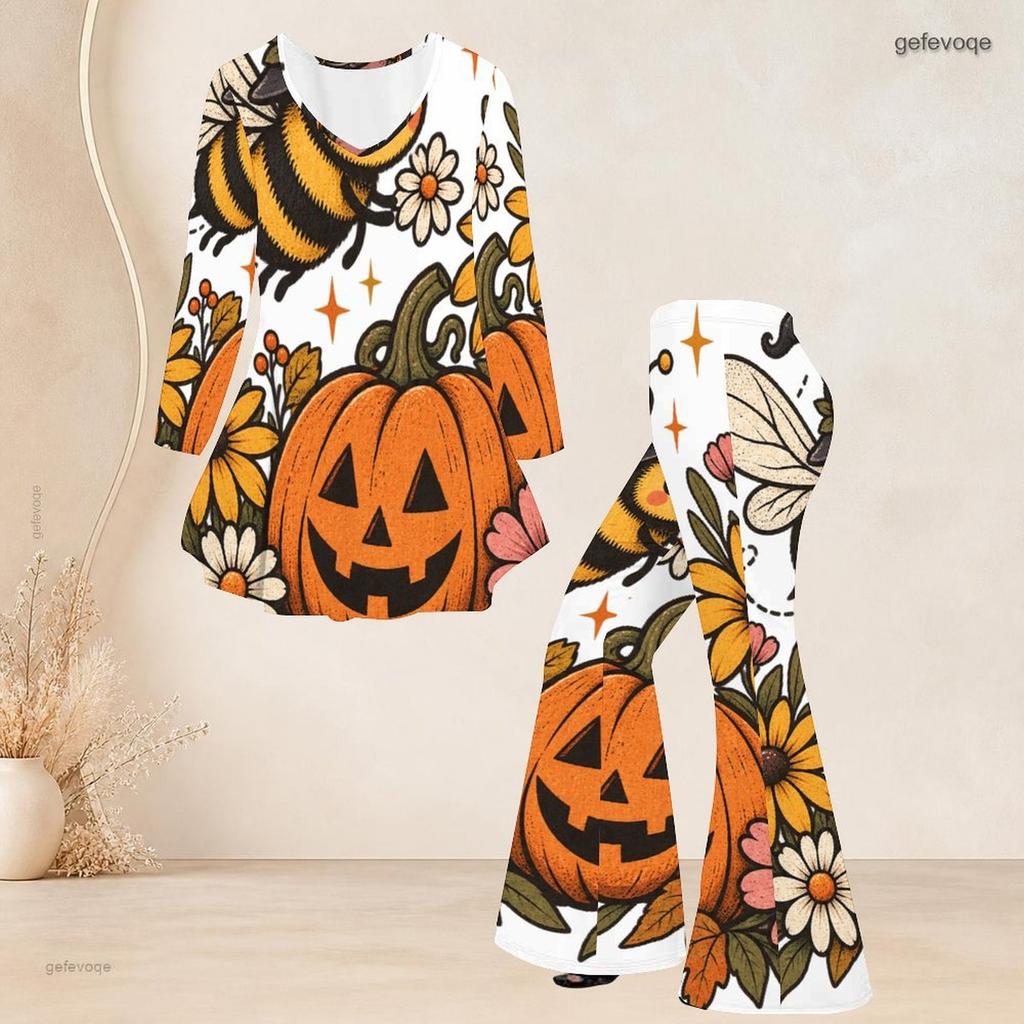 Women Plus Size Round Neck Three Quarter Sleeve Halloween Printed Flared Top And Flared Pants Two Piece Set