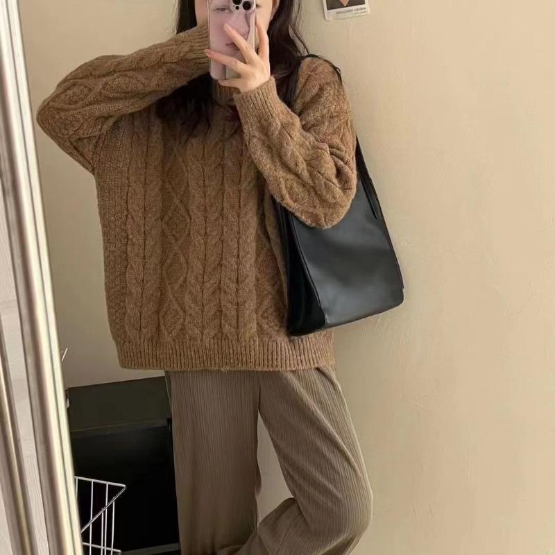 Pink Twist-Knit Pullover Sweater for Women Autumn Winter Korean Version Soft Lazy Loose Thickened Knitwear Top