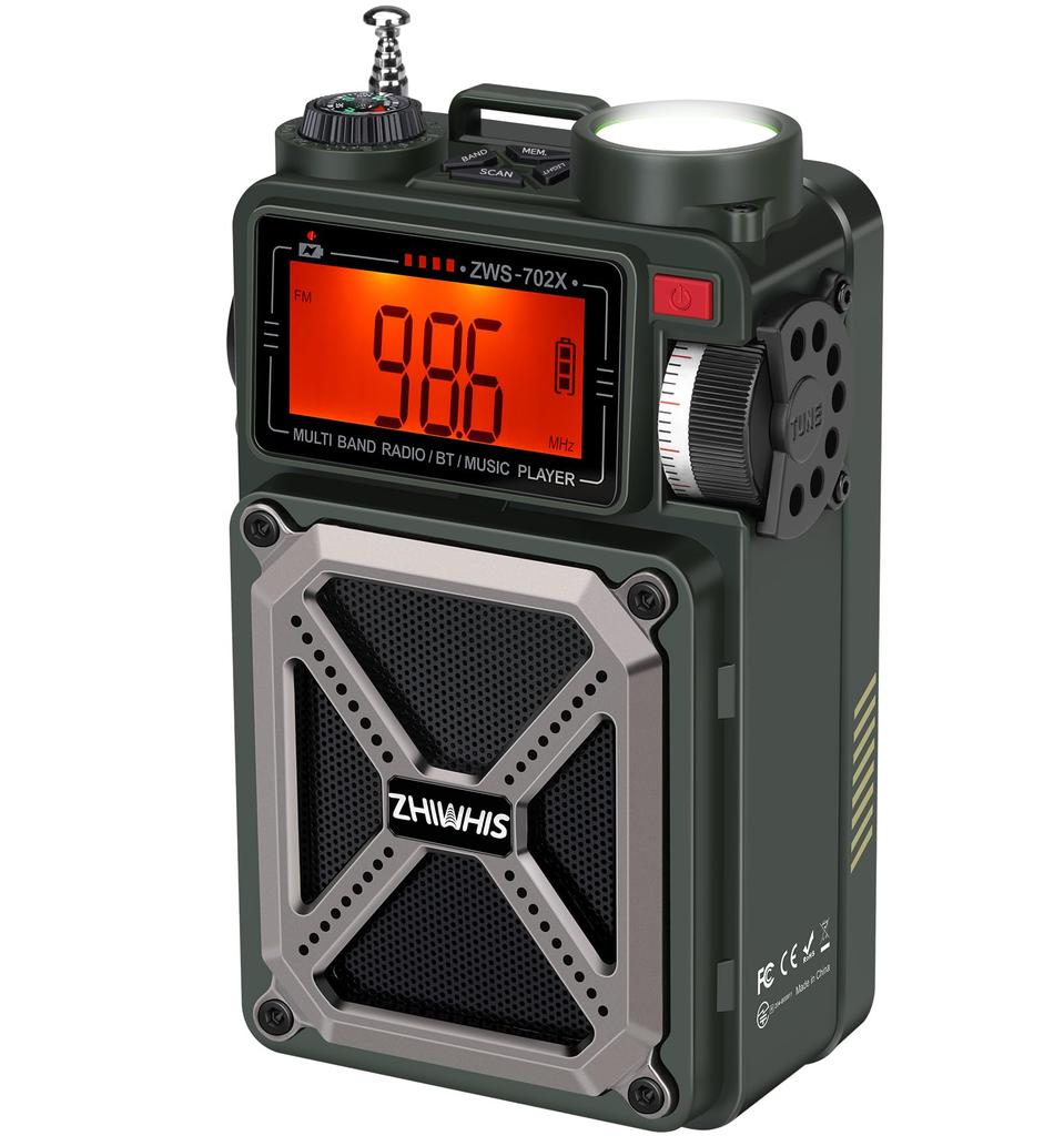 ZHIWHIS Bluetooth Emergency FM SOS MicroSD Card USB Drive Technical Approval Outdoor BCL New Speaker, Radio, FM/AM/Shortwave/Wide Support, Flashlight,