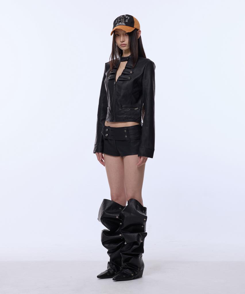GILAARCHIVE Choker Napoleon Crop Leather Jacket_Black