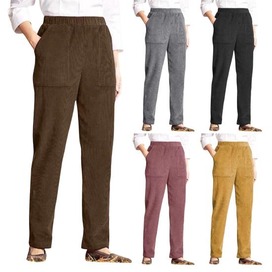 Corduroy Casual Pants Elastic Waist Women Long Pants with Pockets Solid Color Straight