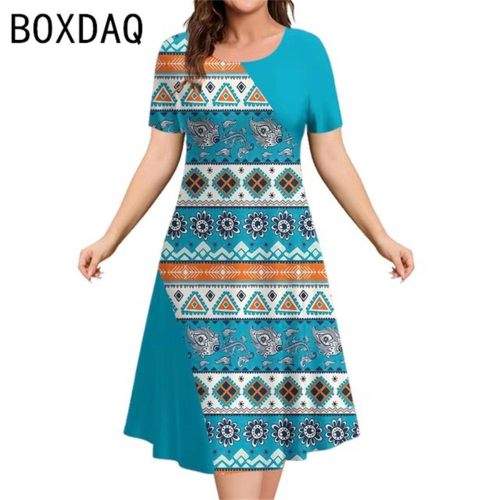Элегантное А-силуэтное платье 3XL, женское, с коротким рукавом, круглым вырезом, повседневное, с винтажным этническим стилем, оверсайз, с принтом в виде букв