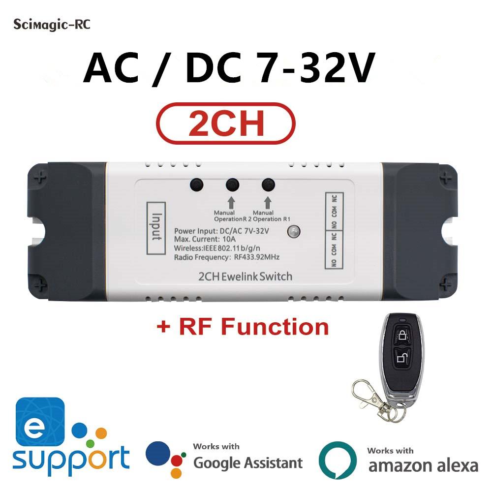 Беспроводной WiFi-переключатель, умный модуль, 2 канала DC12V 32V AC 110V 220V, импульсный, самоблокировка, RF433, NO, NC, COM. Реле 10А, управление через приложение eWeLink