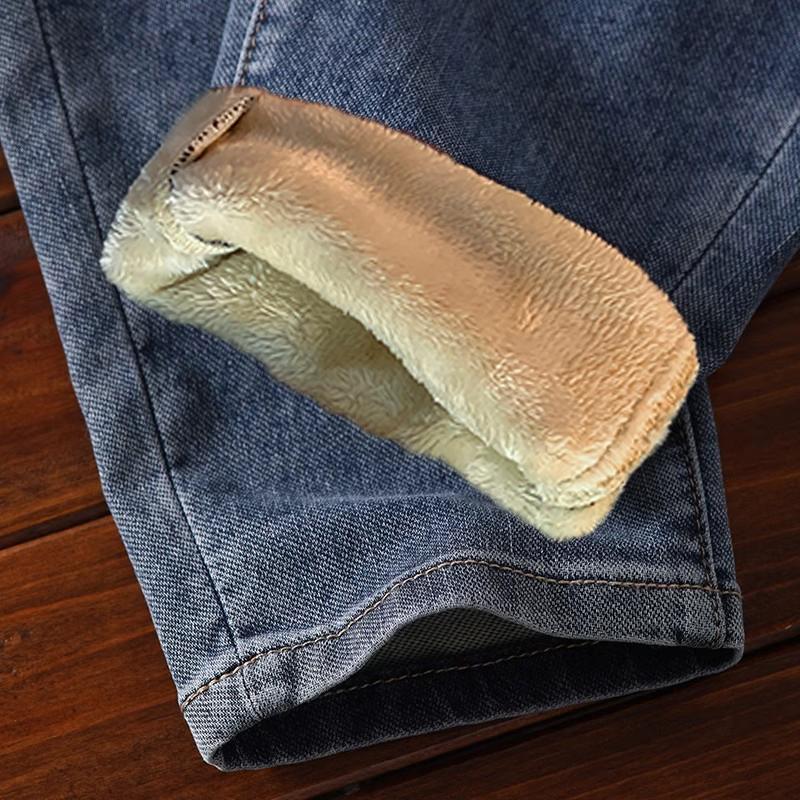 Высококачественные мужские джинсы осень и зима новые облегающие узкие брюки с вышивкой утолщенные повседневные шаровары на флисовой подкладке