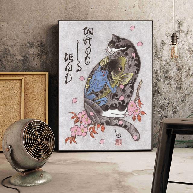 Solid Wood Frame Japanese Floating Samurai Cat Canvas Painting Retro Style Posters and Prints Wall Art Pictures for Living Room Wall Decor