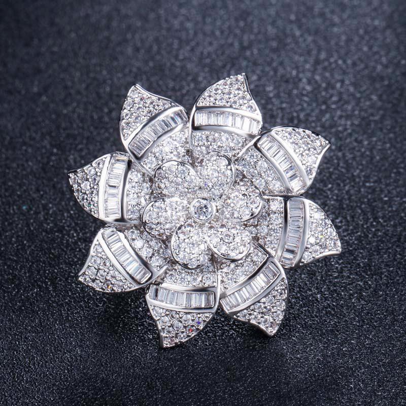 CMM Jewelry Designer Big Flower Yellow Gold Color Luxury Cubic Zirconia Engagement Wedding Rings Jewellery for Women