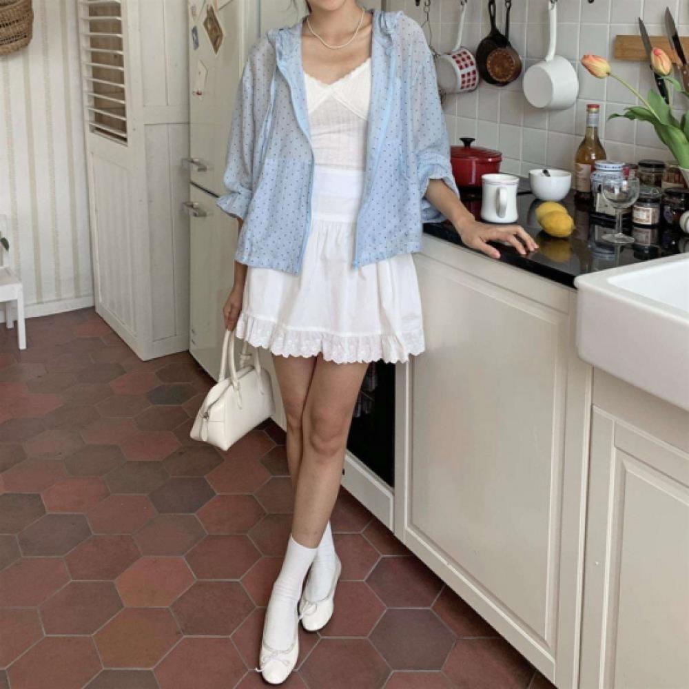 New Arrivals Open Run Women Dot Pattern Loose Fit String Hood Windbreaker Jacket