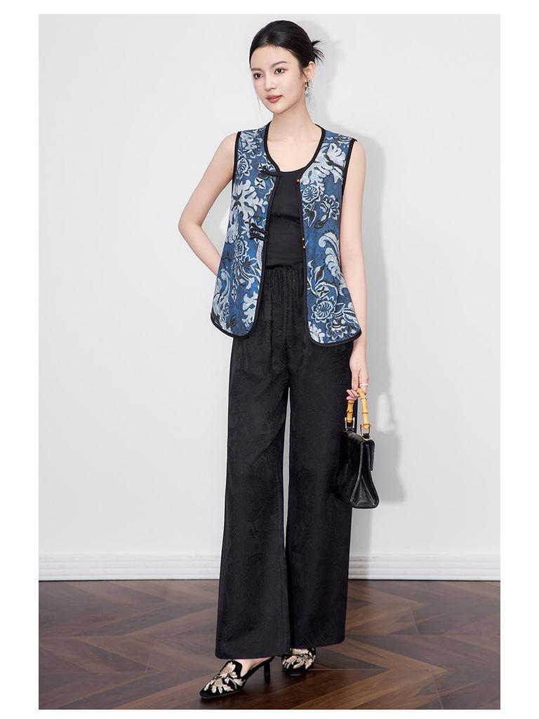 Super Aura Rayon Jacquard Wide-Leg Long Pants - New Chinese National Style