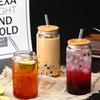 450/550ml Glass Cup with Wooden Lid and Straw Travel Transparent Bubble Tea Cup Milk Beer Can Cocktail Mug Beverage Glassware