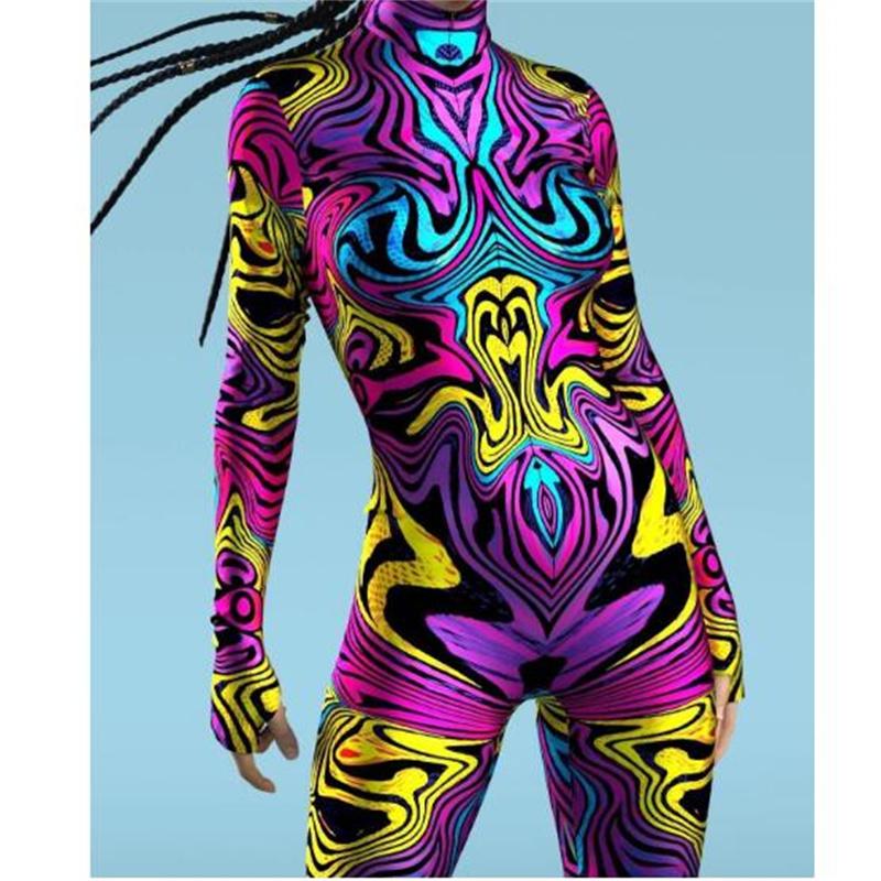 Новый Хэллоуин вечеринка абстрактная геометрия 3D принт женский сексуальный обтягивающий комбинезон карнавальные костюмы косплей нарядное боди 2024