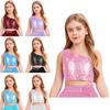 Girls Sparkly Sequin Top Spaghetti Strap Sleeveless Off Shoulder Design Banquet Wedding Costume