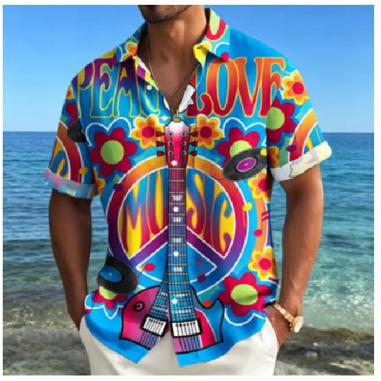 2026 Men's Short Sleeve Collar Guitar Hippie Top Shirt
