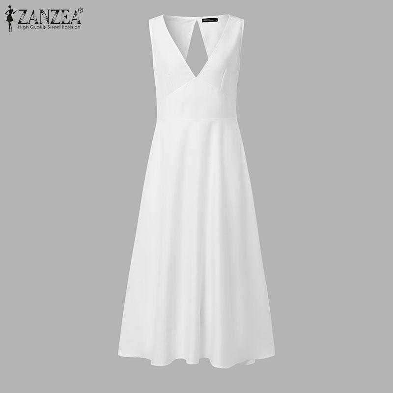 ZANZEA Women Summer V-Neck Sleeveless Backles Casual Long Dress