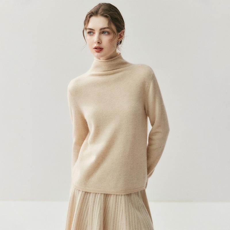 Women's Minimalist Rolled-Edge Cashmere Sweater - Semi-High Neck, Loose Fit, Slimming, Long Sleeve Knitted Base Layer