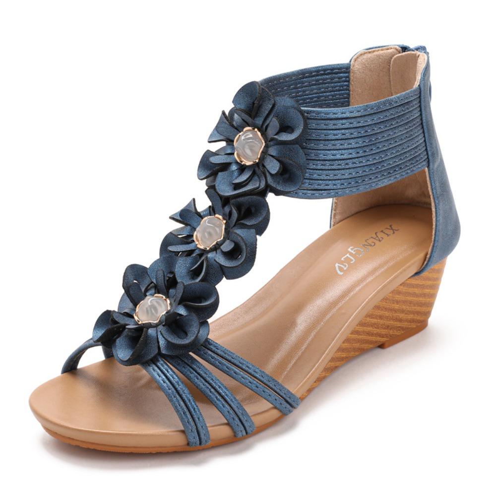 New Summer Women Bohemian Ethnic Wedge Platform Roman Sandals, Floral Design For Dress Matching