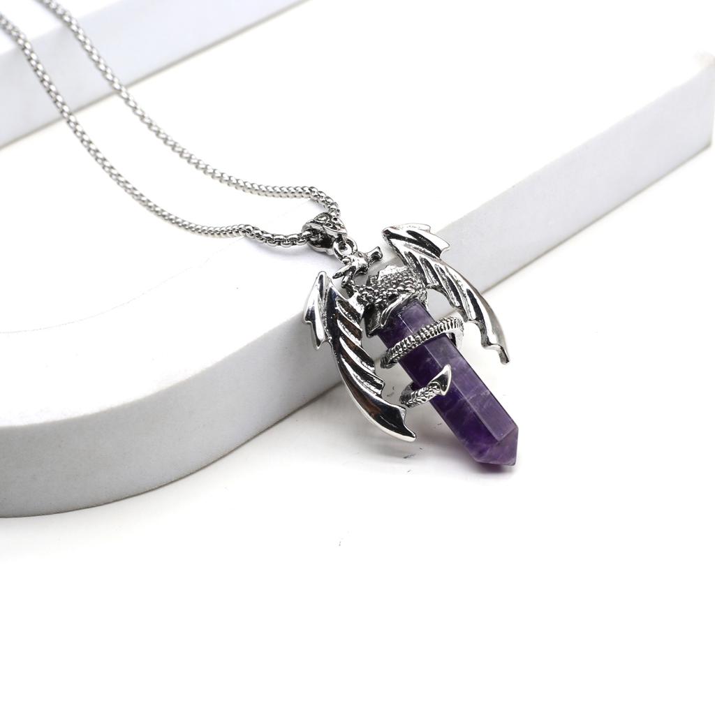 Women Necklace Natural Stone Hexagonal Pyramid Wing-Shaped Pendant Necklace For Women Birthday Gift Chain 60 CM