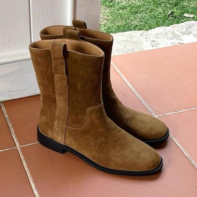 Версия из овчины ~ Корейские ретро замшевые ботильоны с круглым носком, толстым каблуком, ковбойские ботинки в западном стиле, ботинки, женские, 2025 новые, универсальные женские ботинки