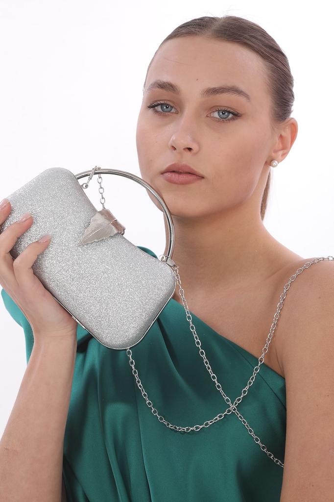 Women's Stylish and Useful Evening Dress Bag Gold Color Bream Material Leaf Accessory Hand and Strap Evening Dress Portfolio Clutch Evening Bag