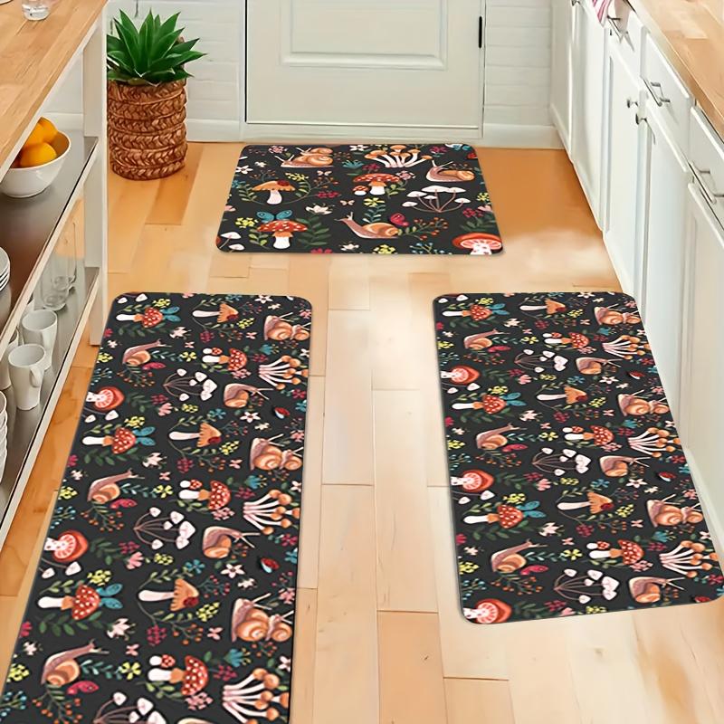1Pcs Luxury Black and White Mushroom Kitchen Mat Soft Thickened Kitchen Floor Mat Waterproof Non-slip Oil-proof Floor Mat Runner Rug