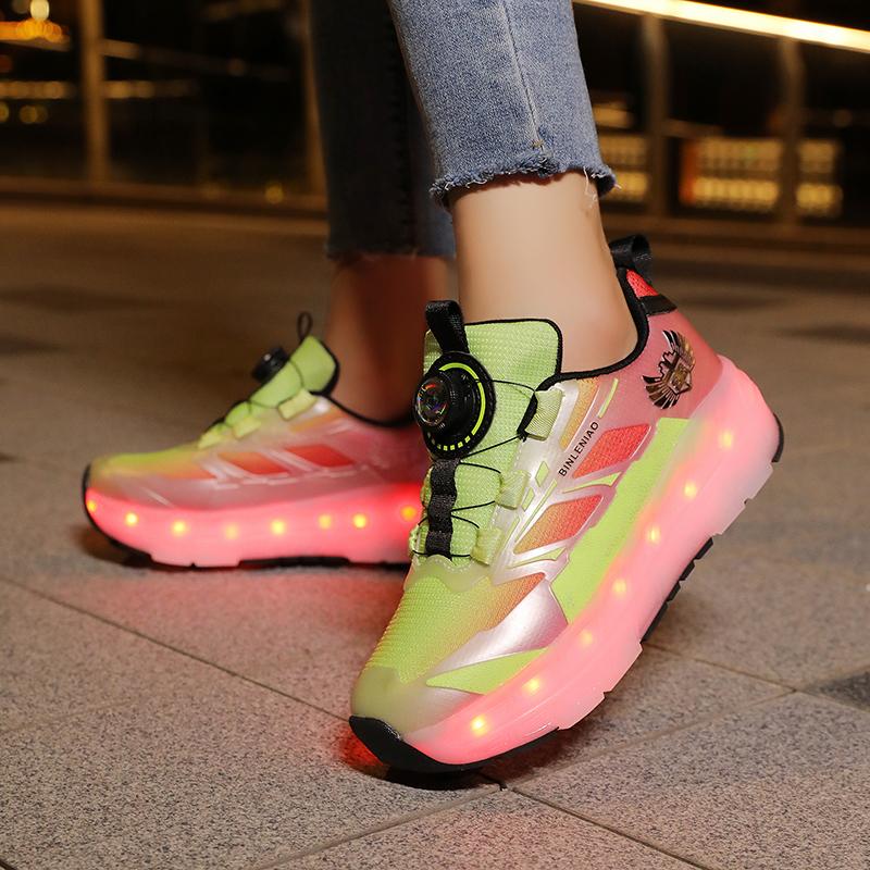 Kid's with Brake Roller Skates Removable Flat Charging LED Four Wheels Glowing Sports Shoes Women's Glowing Sneakers