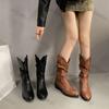 Fashion Women Brown Pointy Mid Calf Knee Boots Autumn Winter Vintage Chunky Heeled Cowboy Boots Woman Loose Tube Pleated Western Booties