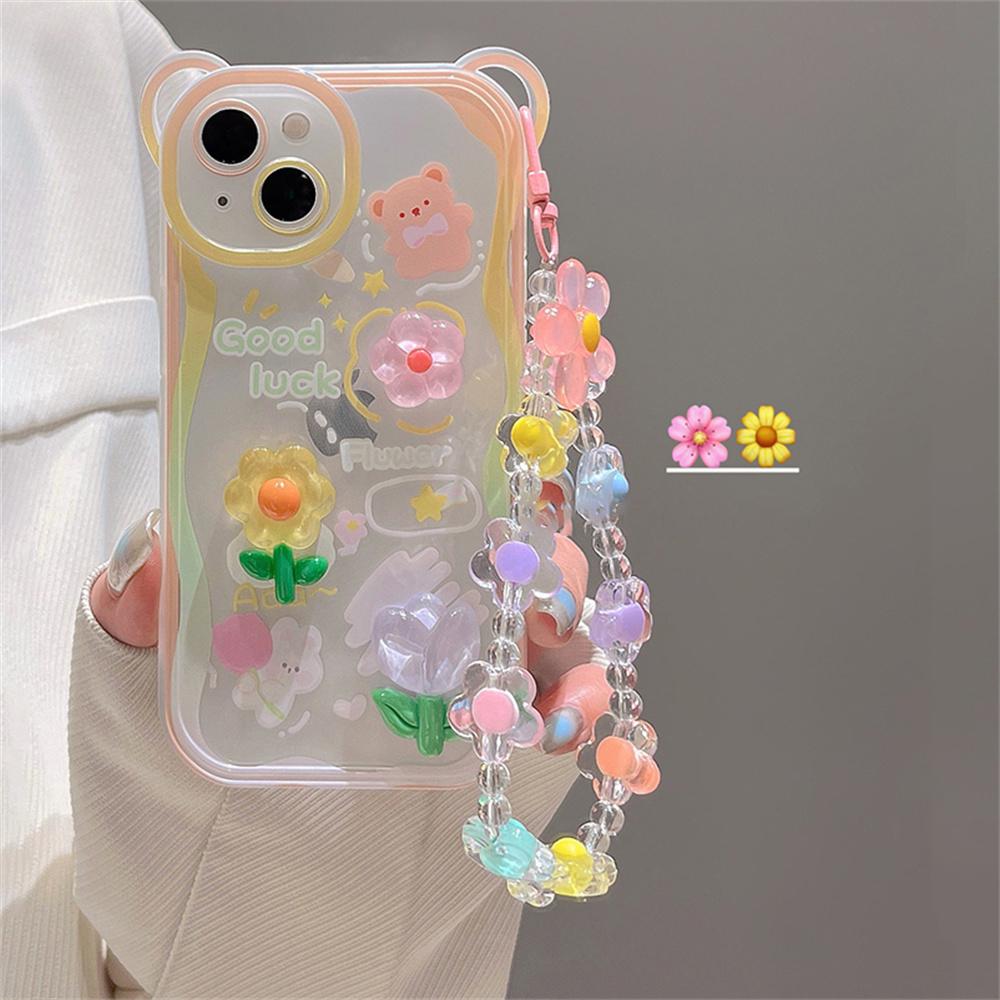 Cute Bear Rabbit 3d Flower Phone Chains Clear Soft Phone Case For Iphone 14 12 11 13 Pro Max Xs Max 7 8 Plus Protective Cover
