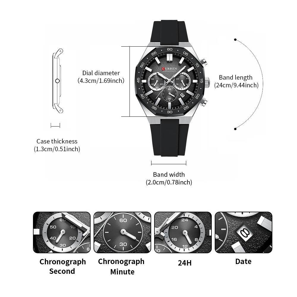 CURREN Мужские спортивные часы-хронограф с черным силиконовым ремешком, автоматической датой, люминесцентными стрелками, кварцевые часы для мужчин