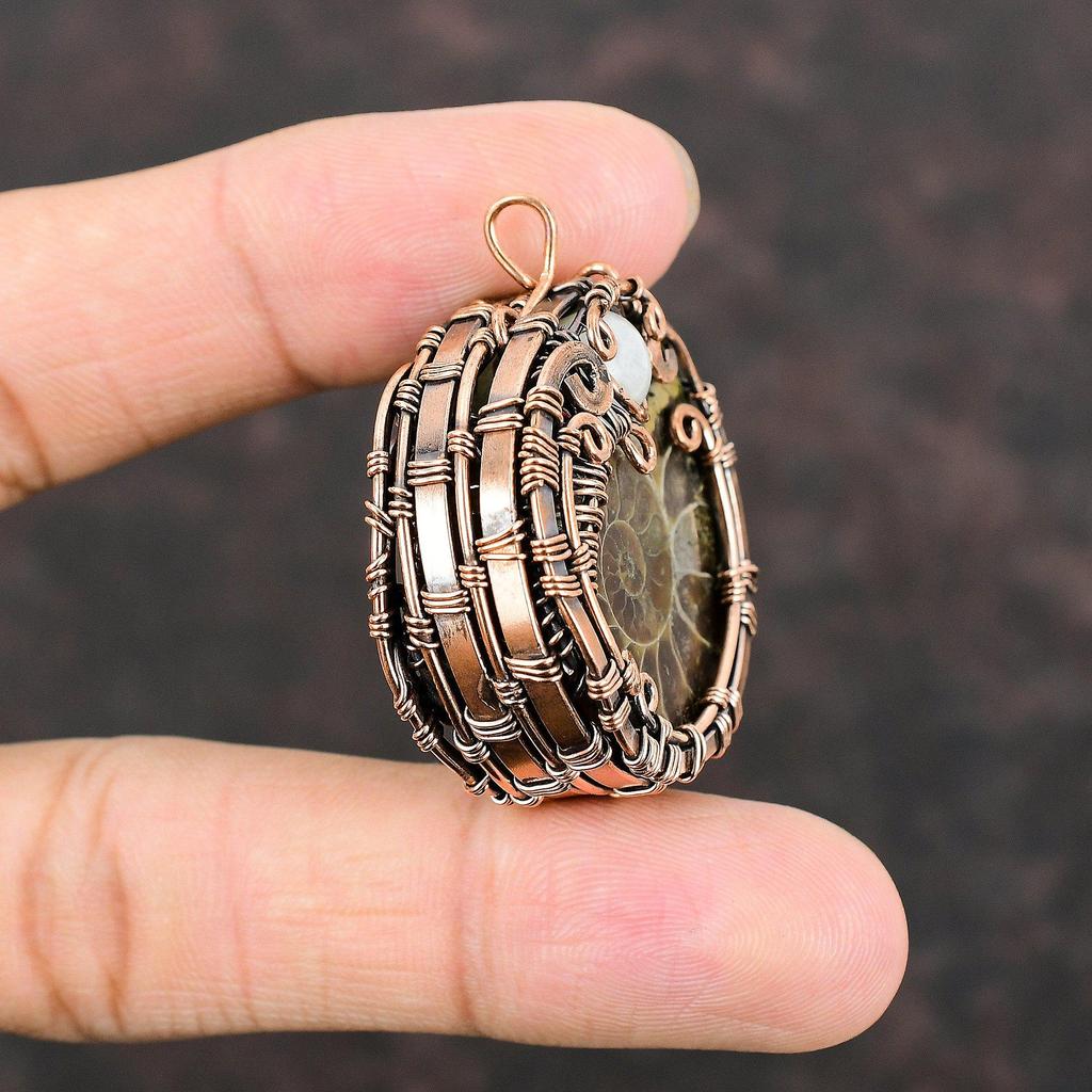 Ammonite Fossil Copper Pendant Copper Wire Wrapped Pendant Rainbow Moonstone Jewelry Handmade Pendant For Gift Labradorite Gemstone Jewelry