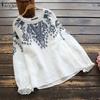 Ethnic Women Long Puff Sleeve Elastic Cuffs Embroidered Blouse Casual Pullover Tops Shirts