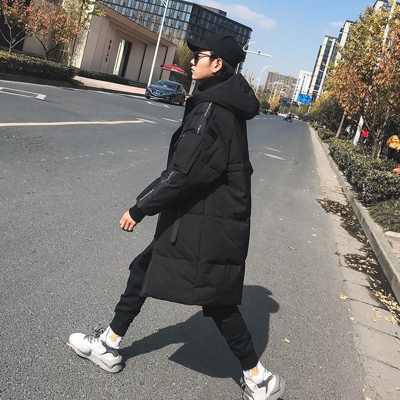 Зимний теплый и красивый пуховик мужской средней длины выше колена, свободная толстая куртка для пар с капюшоном, пальто-парка