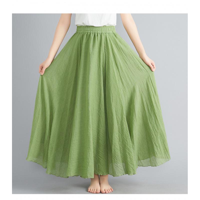 Mori Girl Plus Size Cotton Linen Midi Skirt - Elastic Waist, A-line, Solid Color, Ethnic Style, Long Length