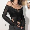 Sexy Lace Up V Neck Long Sleeve Black T Shirts for Women Female Club Wear Mesh Blouses See Through Crop Tops