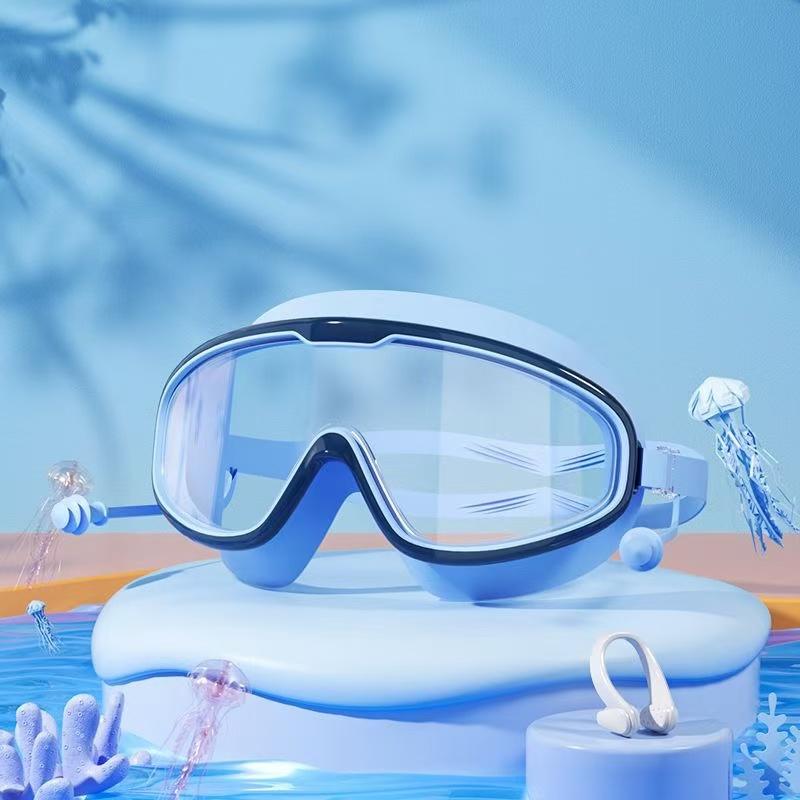 Children's Swimming Goggles with Large Frame Waterproof and Anti Fog High-definition Protective Glasses Including Earplugs