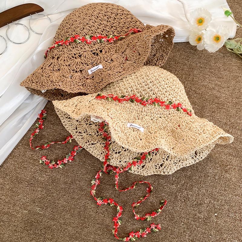 Handmade Straw Sun Hat With Extended Brim And Ribbon Tie For Outdoor Sunshade