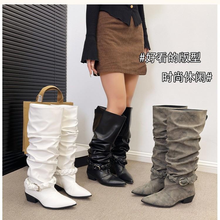 Woven Western Cowboy Boots Women'S Autumn And Winter New Big Tube Circumference Tall Tube Thick High Heel Thin Pile Knight Boots