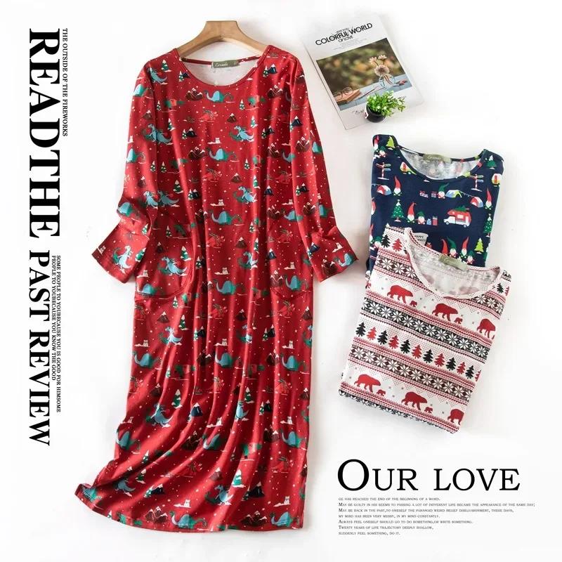 Plus Size Multi Colors Women Printing Nightdress for Spring and Autumn Long Sleeve Ladies Cute Sleepwear Long Style Nightgown