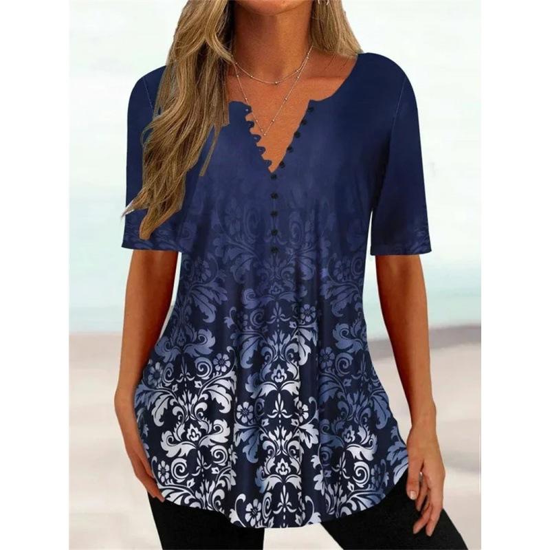 Trendy And Cool Women's Summer Loose V-neck Pullover Short-sleeved Button Printed T-shirt