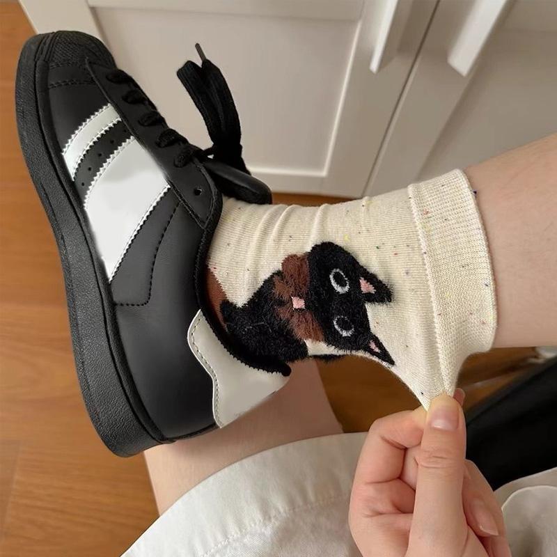 1 пара женских носков Осень Зима Принт с буквами Дышащие носки до щиколотки с кошкой Высококачественные носки до середины икры Милая кошка Смесь полиэстера