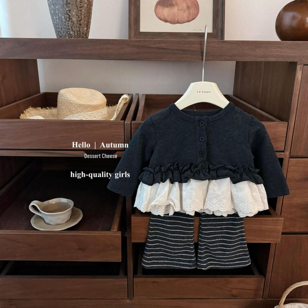 Комплект для девочек 2025 года в корейском стиле: кружевной кардиган и расклешенные брюки - Осенняя мода