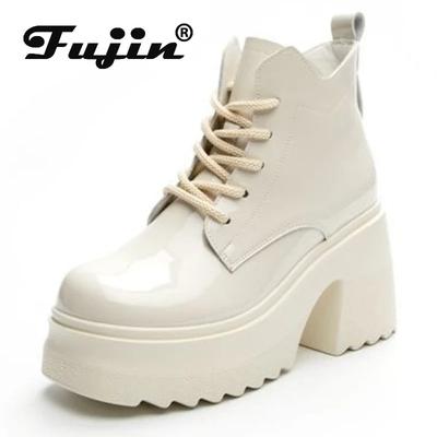 Fujin/лодочки на лакированной танкетке 10 см, брендовая женская обувь из натуральной кожи на платформе, весенне-осенняя обувь, ботильоны до середины икры, женская обувь